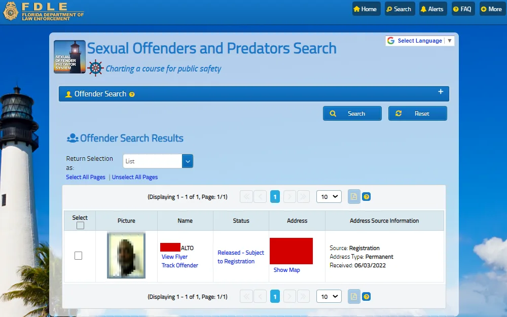A screenshot of the Sexual Offenders and Predator Search page from the Florida Department of Law Enforcement (FDLE) website shows details of a registered sex offender in Leon County, including mugshot, full name, status, address and address source information.