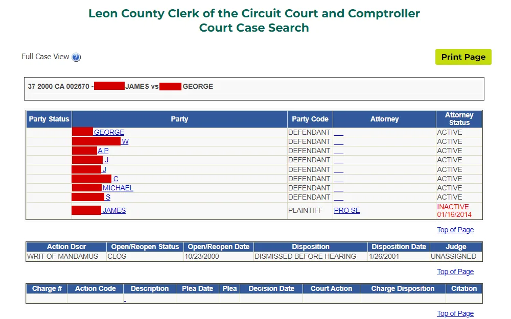 A screenshot of the full case view from the Leon County Clerk of the Circuit Court and Comptroller page displays case information such as party name, status, code, Attorney and Attorney status and more detailed information below, including an option to print.