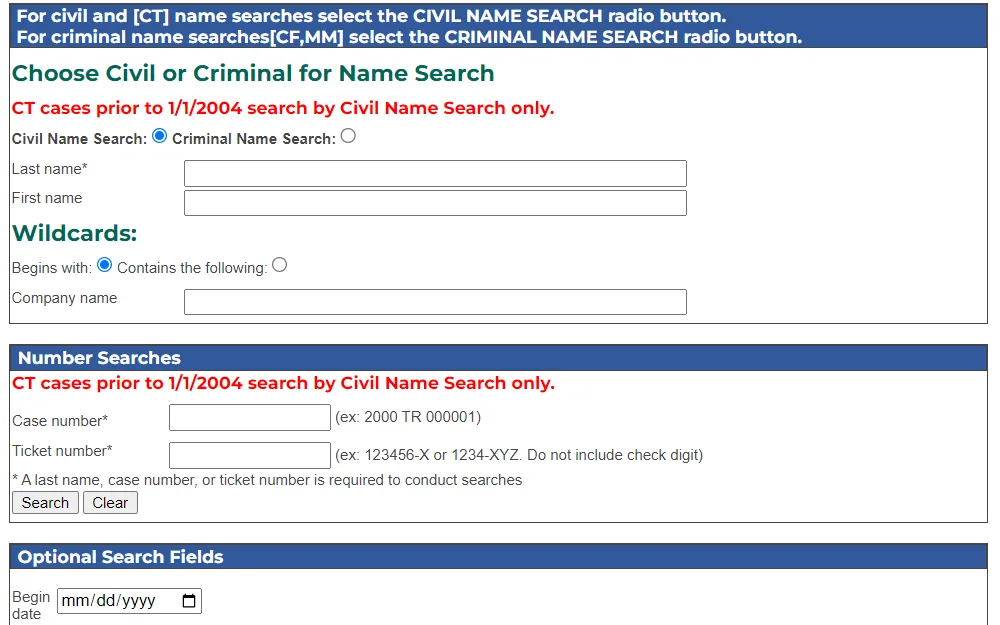 A screenshot of the search page from the Leon County Clerk of the Circuit Court and Comptroller displays options to search using the Civil/Criminal Name Search or Number Search, both of which include required fields.