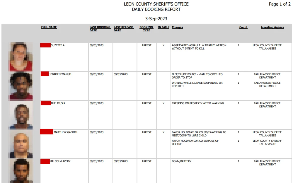 A screenshot of the daily booking report from Leon County Sheriff's Office shows inmate information such as mugshots, full name, last booking and release date, booking type, charges, offense count and arresting agency.
