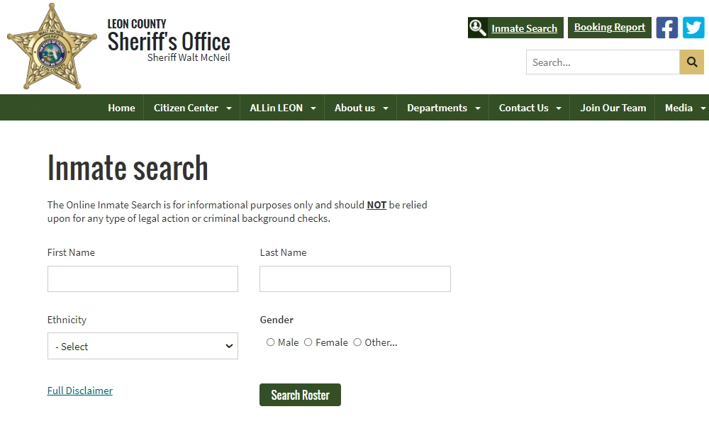 A screenshot of the inmate search page from the Leon County Sheriff's Office website, where searcher must input information such as first name, last name, select ethnicity and gender to search.