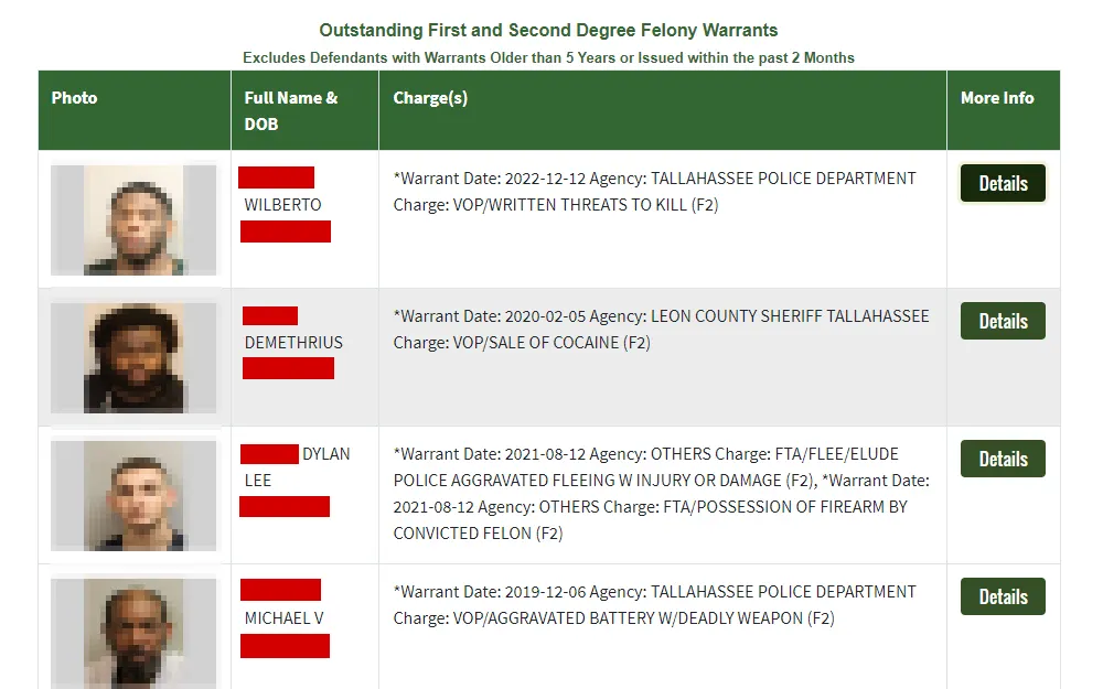 A screenshot of individuals with warrants from the Leon County Sheriff's Office page with their mugshot, full name, charge(s) and a button to view more info. 