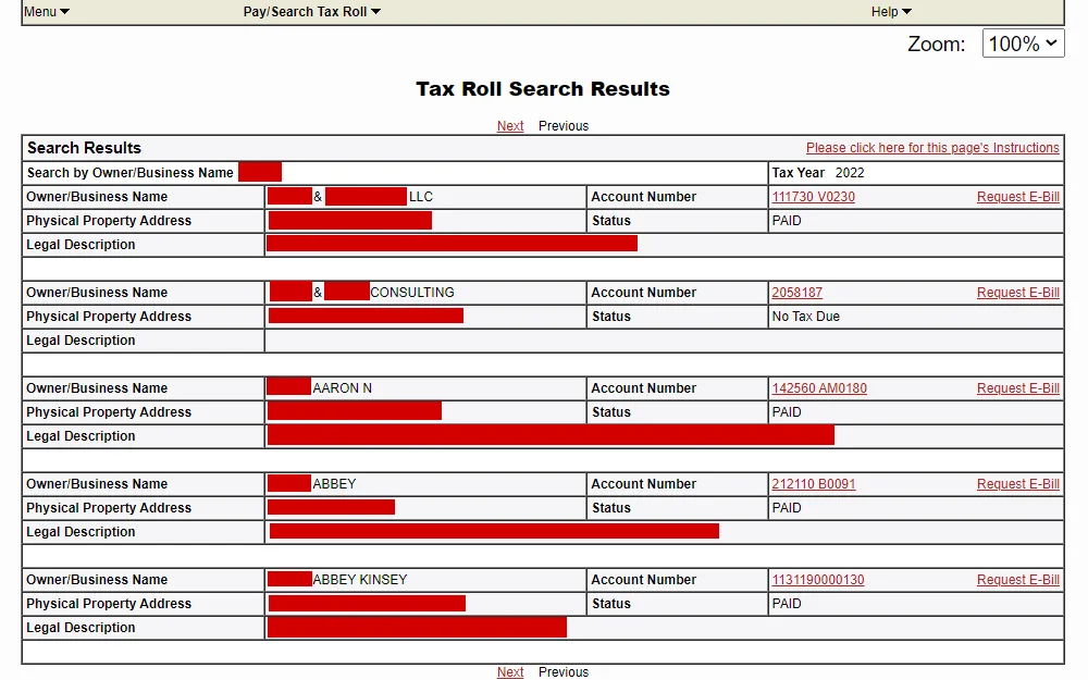 A screenshot of Tax Roll Search Results from the Leon County Property Tax Collector website displays the list of properties, including information such as owner/business name, physical property address, legal description, account number and tax status.