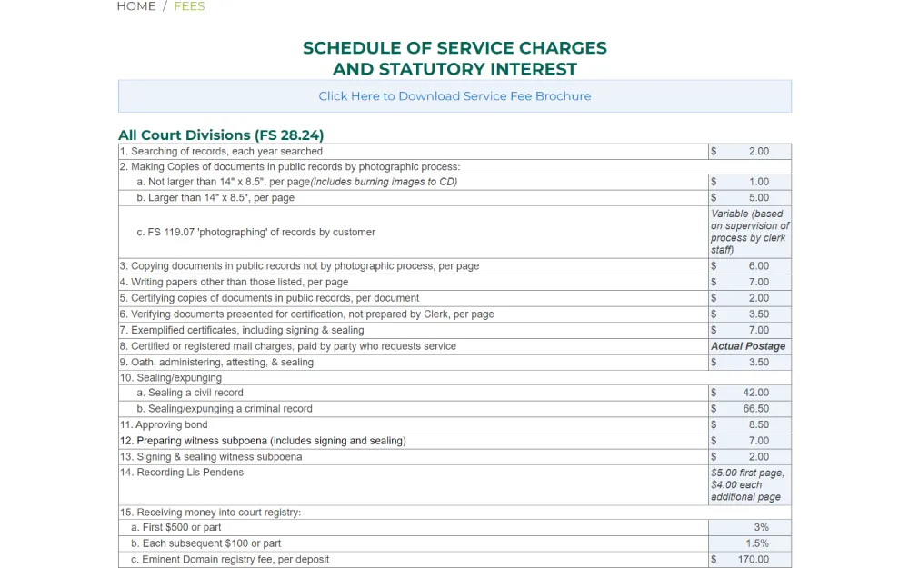 A detailed screenshot of a list outlining various service charges and statutory interest fees for court-related activities, including searching records, copying documents, certifying copies, and services like sealing/expunging records, with specific fees listed for each service provided.