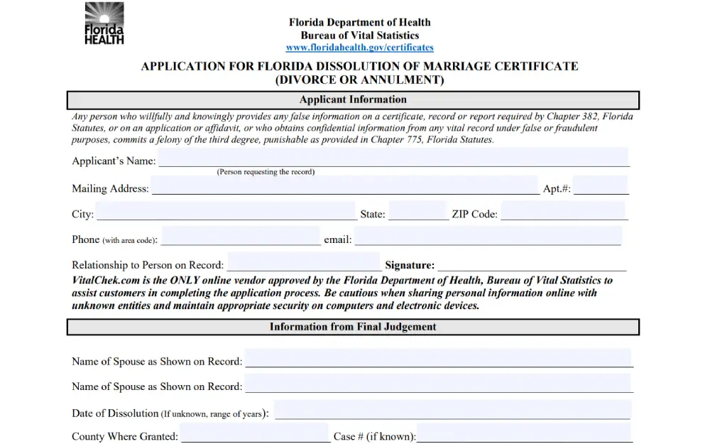 A screenshot of an application form from the Florida Department of Health, Bureau of Vital Statistics, for obtaining a certificate documenting the dissolution of marriage, with fields for applicant information, details from the final judgment, and cautionary advice regarding online personal information security.