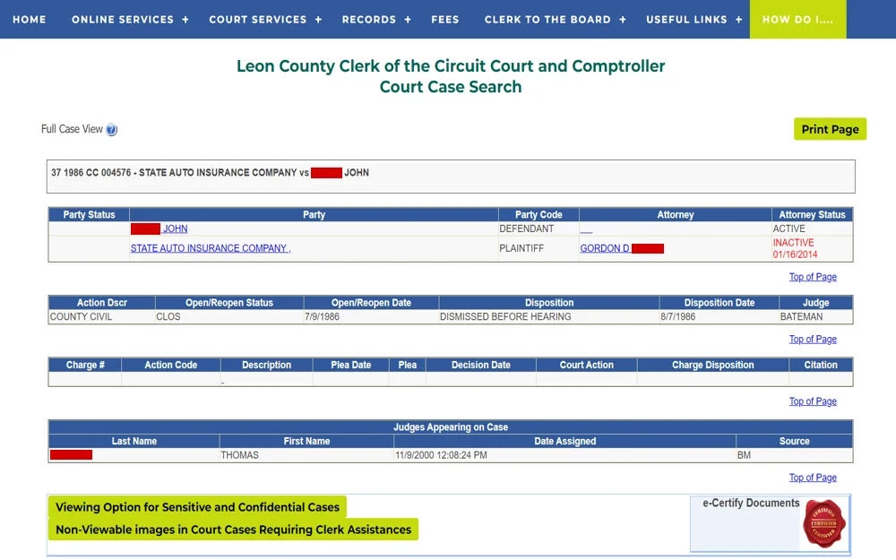 A screenshot from the Leon County Clerk of the Circuit Court and Comptroller's online case search platform showing case details for a civil suit involving an individual and the State Auto Insurance Company, including action descriptions, party statuses, disposition, and judge assignment details.