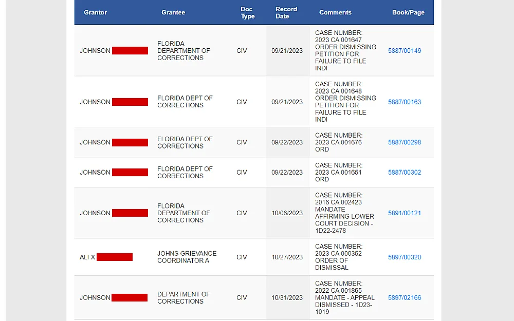 A screenshot from the Leon County Clerk of Courts and Comptroller website showing an official records search results showing information such as grantor, grantee, document type, record date, comments and book or page.