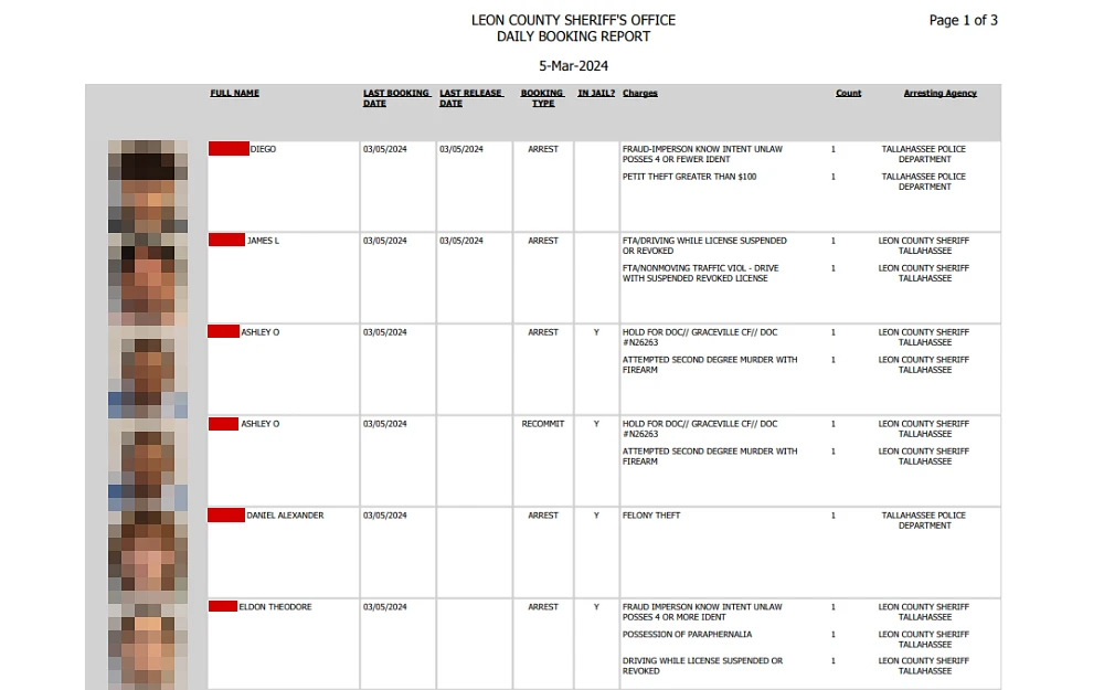 A screenshot displaying a daily booking report showing information such as full name, last booking and release date, booking type, charges and jail details, count and arresting agency.