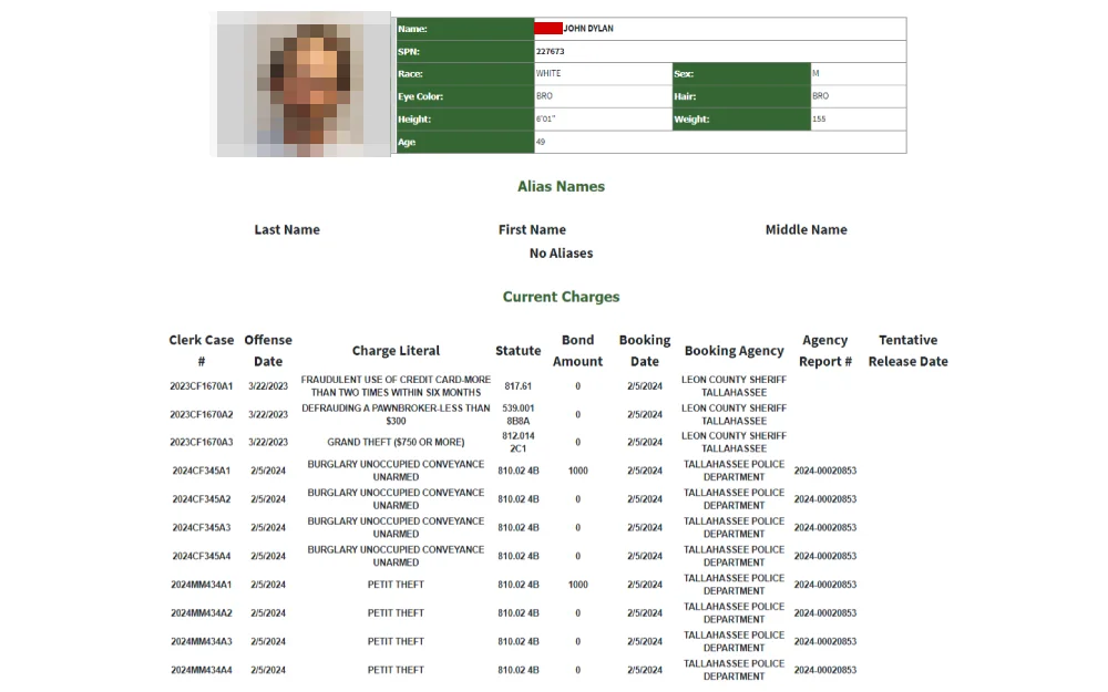 A screenshot shows inmate booking information, including a mugshot photo, name, SPN, race, eye color, height, age, sex, hair, weight, alias names, and current charges.