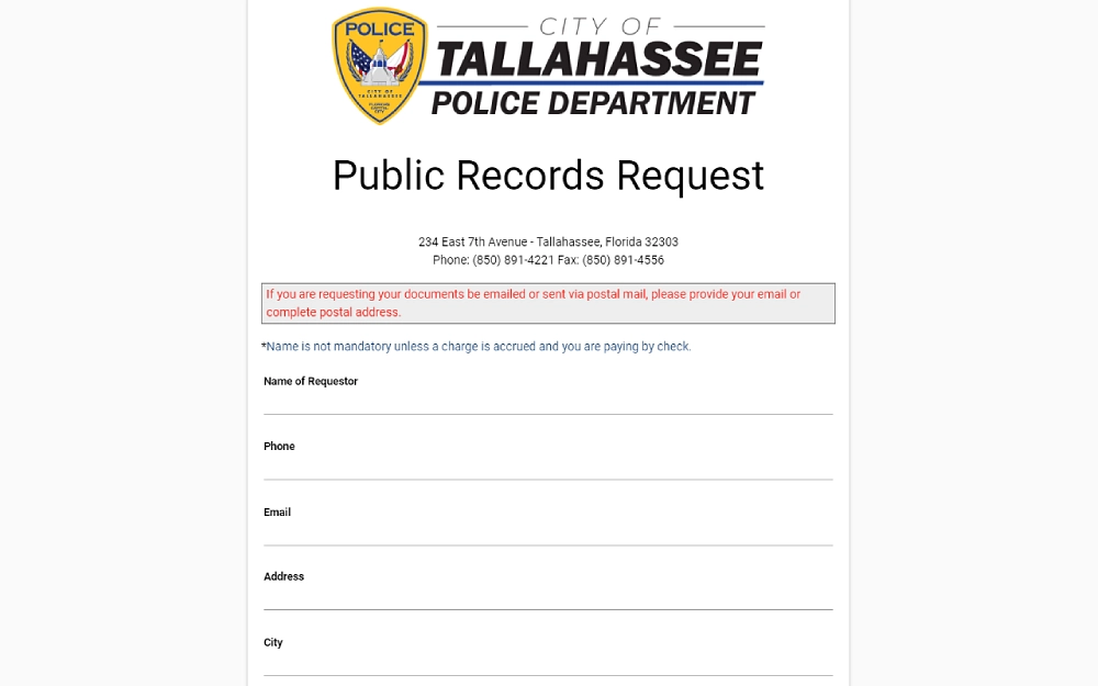 A screenshot of a public records request form with information to fill out, such as the requestor's name, phone number, email address, address, and city, from the Tallahassee Police Department website.