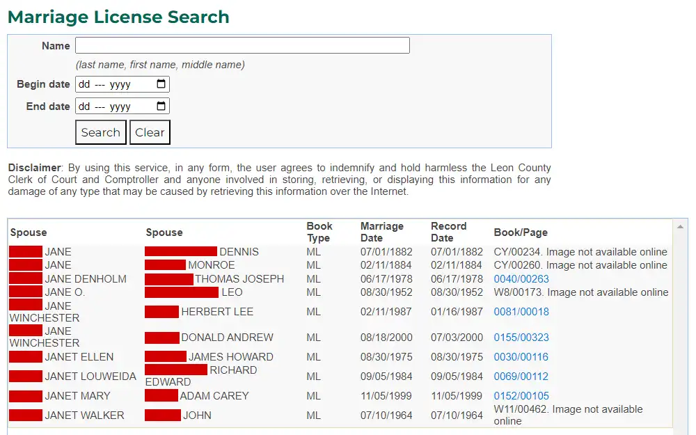 A screenshot of the marriage license search tool maintained by Lee County Clerk of the Circuit Court & Comptroller displays input fields for party name and event date range, followed by the results containing the following: names of spouses, book types, marriage dates, record dates, books, and pages.
