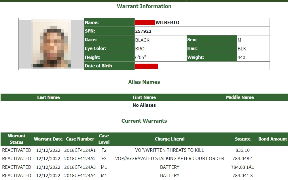 A screenshot of an offender's warrant information from the Leon County Sheriff's Office displays the offender's mugshot, name, SPN, race, sex, eye and hair colors, height, weight, birthdate, and details of current warrants.